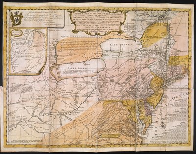 Mappa generale delle colonie britanniche centrali in America; cioè Virginia, Maryland, Delaware, Pennsylvania, New Jersey, New York, Connecticut e Rhode Island: di Aquanishuonîgy, il Paese degli Indiani Confederati... Dei laghi Erie, Ontario e Ch da English School