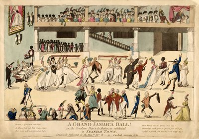 Un Grande Ballo Giamaicano o il Creolean Hop a la Muftee a Sanish Town, pub. 1802 da English School