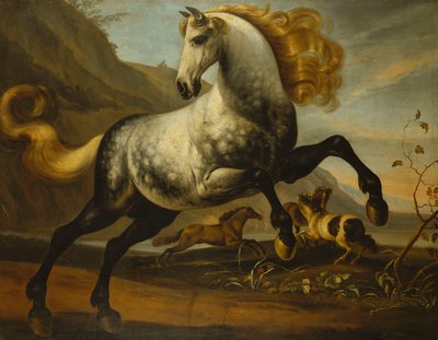 Un Cavallo Grigio che Trotta con Criniera Fluttuante con Stalloni che Combattono in un Paesaggio Roccioso da English School