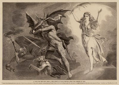 Una Speranza per il Nuovo Anno, lo Spirito della Pace che scaccia i Demoni della Guerra (incisione) da English School