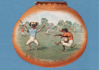Un Allegro Natale Senza Problemi!, cartolina di Natale raffigurante una partita di calcio tra cani, c.1890s da English School