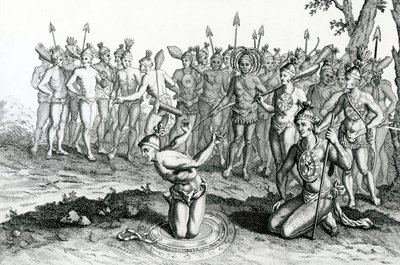 Un re della Florida consulta il suo mago prima di andare in battaglia, illustrazione tratta da Moores Voyages and Travels, 1778 da English School