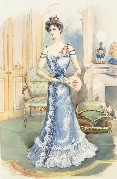 Una signora nel suo salotto, illustrazione di rivista di C. Drivan da English School