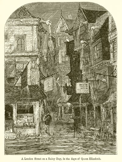 Una strada di Londra in un giorno di pioggia, ai tempi della regina Elisabetta da English School