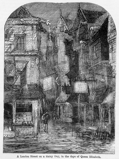 Una strada di Londra in un giorno di pioggia, ai tempi della regina Elisabetta, illustrazione da 
