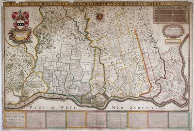 Mappa della parte migliorata della provincia della Pennsylvania in America, di Thomas Holme da English School