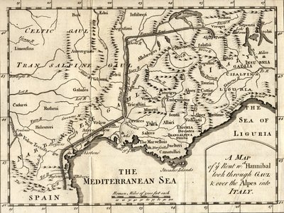 Mappa del percorso di Annibale attraverso la Gallia e le Alpi fino in Italia da English School