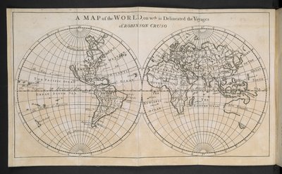 Una Mappa del Mondo, su cui sono delineati i Viaggi di Robinson Crusoe da English School