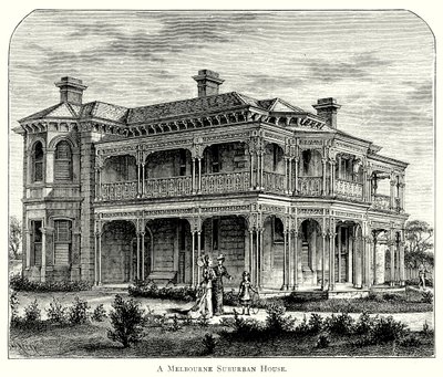 Una casa suburbana di Melbourne (incisione) da English School