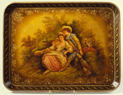 Vassoio in papier-mâché nero dorato e madreperla di epoca vittoriana decorato con una pastorella e un agnello con un giovane uomo da English School