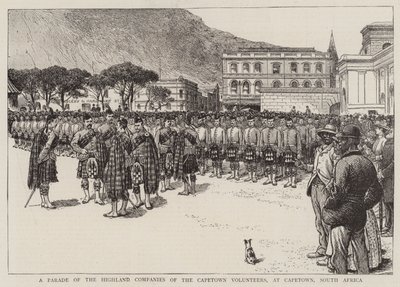 Una parata delle compagnie delle Highland dei volontari di Città del Capo, a Città del Capo, Sudafrica (incisione) da English School