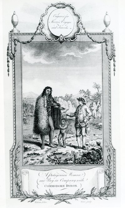 Donna e ragazzo patagonici in compagnia del commodoro Byron, illustrazione tratta da Moores Voyages and Travels, 1778 da English School