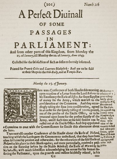 A Perfect Diurnall, facsimile della prima pagina del numero 26, 1643, illustrazione da Cassells Illustrated History of England da English School