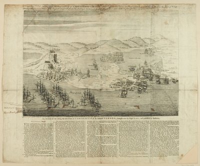 Disegno prospettico della città, del porto e dei forti di Cartagena nel 1739, pubblicato nel 1741 da English School