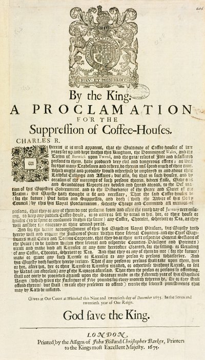 Proclamazione del Re per la Soppressione delle Case del Caffè, 1675 da English School