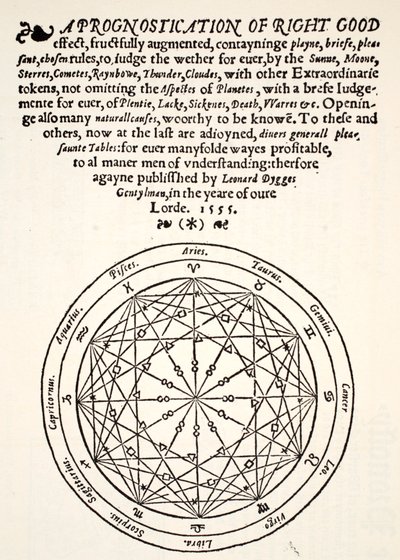 Una prognostica di buon auspicio, di Leonard Dygges, stampata da Thomas Gemini, Blacke Friars, Londra, 1555 da English School