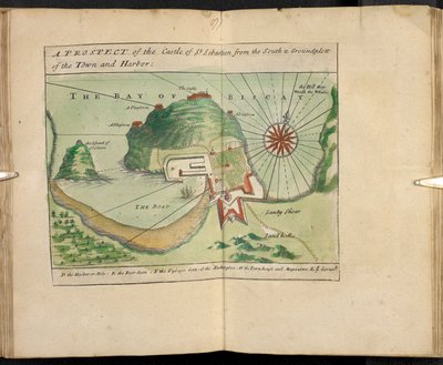 Una prospettiva del castello di San Sebastiano dal sud e pianta della città e del porto da English School