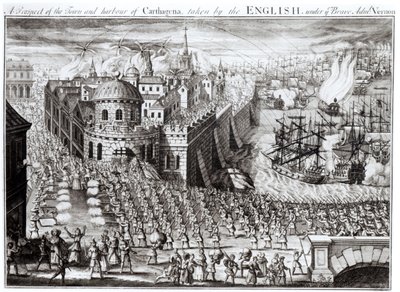 Una prospettiva della città e del porto di Cartagena, presa dagli inglesi sotto il coraggioso ammiraglio Vernon, 1741 da English School