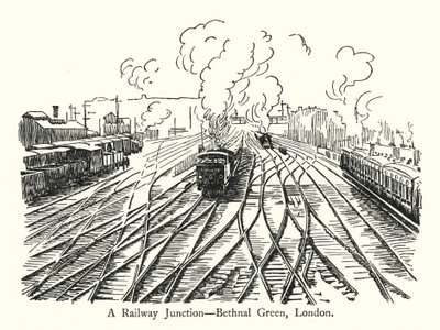 Un incrocio ferroviario, Bethnal Green, Londra (litografia) da English School