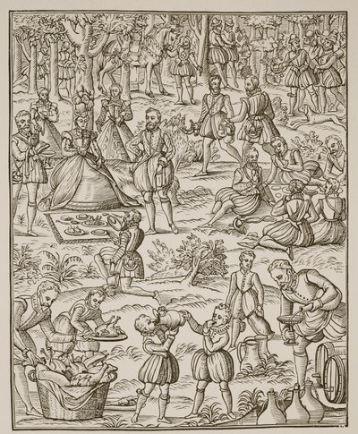 Un picnic reale, tavola da Noble Art of Venerie and Hunting di George Turberville, 1575 da English School