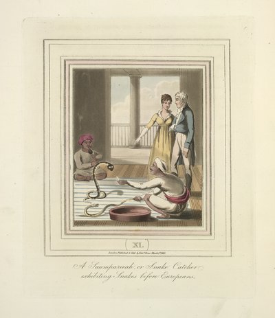 Un Saumpareeah o Cacciatore di serpenti che esibisce serpenti davanti agli europei, c.1824 da English School
