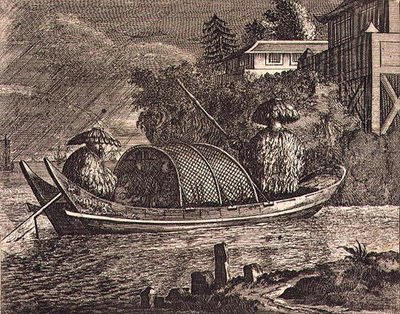 Una Piccola Barca Fluviale Cinese sotto la Pioggia, illustrazione da una descrizione delle Ambasciate in Cina da English School