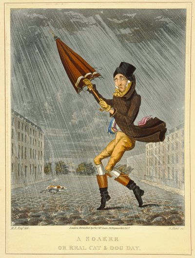 Un ubriacone o una vera giornata da cani e gatti, inciso da G. Hunt, pubblicato da Thomas McLean, Londra, 1827 da English School