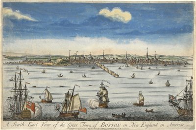 Una vista sud-est della grande città di Boston nel New England, c. 1730 da English School
