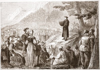 Un riformatore svizzero che predica al suo gregge in campo aperto, illustrazione da La storia del protestantesimo di James Aitken Wylie, pub. 1878 da English School