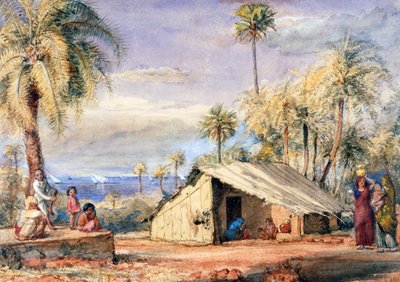 Capanna di un raccoglitore di toddy in un boschetto di palme da dattero, Presidenza di Bombay, India da English School
