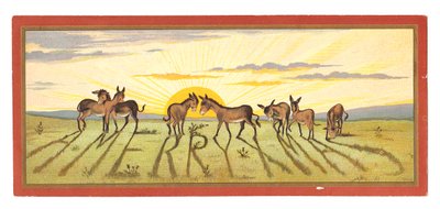 Cartolina di Natale Vittoriana con un Tramonto e Asini che Leggono 