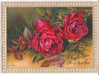 Cartolina di Natale e Capodanno vittoriana raffigurante due grandi rose rosse, c.1880 da English School