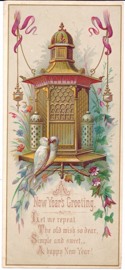 Un biglietto di Natale vittoriano che raffigura una gabbia per uccelli elaborata con una coppia di inseparabili, circa 1880 da English School