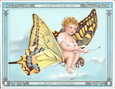 Cartolina di Natale vittoriana di un bambino che vola su una farfalla, c.1920 da English School