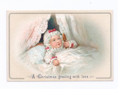 Cartolina natalizia vittoriana con un bambino a letto che tiene un sonaglio, c.1880 da English School