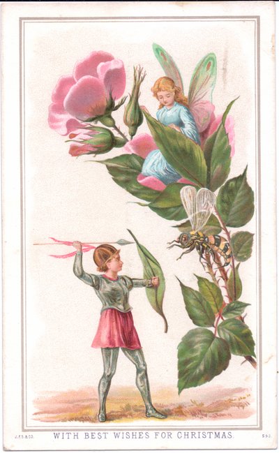 Cartolina di Natale vittoriana di una fata seduta su una rosa e un