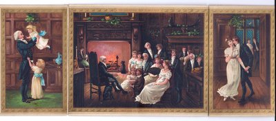 Una cartolina di Natale vittoriana di un padre e i suoi figli, un padre che racconta una storia a un gruppo familiare e un gentiluomo che cerca di baciare una signora sotto il vischio, c.1880 da English School