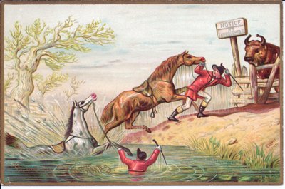Cartolina di Natale vittoriana di un cavallo che si dimena nell
