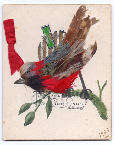 Una Cartolina di Natale Vittoriana di un Pettirosso Fatto di Piume da English School