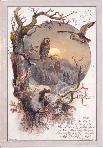 Cartolina natalizia vittoriana con un gufo appollaiato su un ramo in una notte di luna, c.1880 da English School
