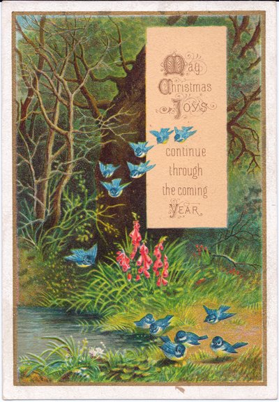 Cartolina natalizia vittoriana con uccelli azzurri in un bosco, c.1880 da English School