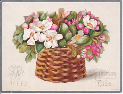 Cartolina natalizia vittoriana con fiori e foglie in un cesto di vimini, c.1880 da English School
