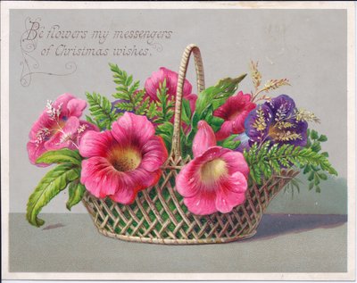 Cartolina natalizia vittoriana con fiori in un cesto di vimini, c.1880 da English School