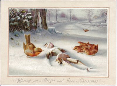 Biglietto di Natale vittoriano raffigurante un burattino di legno nella neve, 1880 circa (litografia a colori) da English School