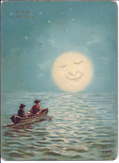 Cartolina di Natale vittoriana di due ragazzi in una barca a remi in una notte di luna, c.1880 da English School