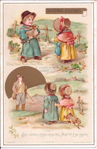 Cartolina natalizia vittoriana con due bambini e una lepre, c.1880 da English School