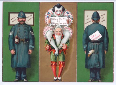 Una cartolina di Natale vittoriana con un giullare, un clown e un poliziotto da English School