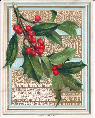 Un biglietto di Natale vittoriano con un ramo di agrifoglio che copre un verso. Pubblicato da Marcus Ward, circa 1880 da English School
