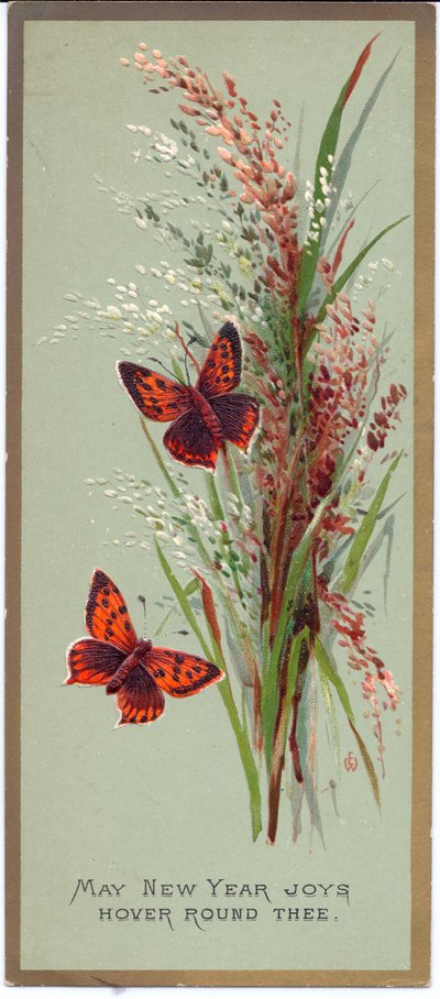 Cartolina di Capodanno vittoriana con due farfalle tra erbe alte, c.1880 da English School