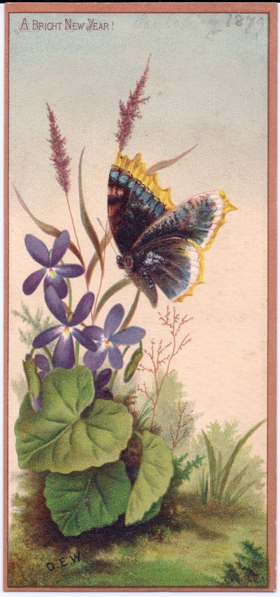 Un biglietto di Capodanno vittoriano con violette e una farfalla, circa 1880 da English School